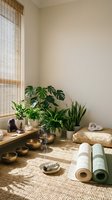 Serene meditation corner with yoga mats, houseplants, singing bowls and natural textures creating peaceful wellness space for mindfulness practice.