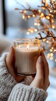 Female hands in cozy knit sweater holding glowing aromatic candle against blurred festive lights background, creating warm holiday atmosphere and comfort.