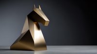 Elegant geometric gold horse sculpture with angular facets and minimalist design on neutral gray background, showcasing modern luxury decor.