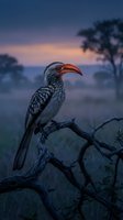 Southern yellow-billed hornbill perched on dead branch during golden hour sunset in African savanna with acacia trees silhouetted against purple twilight sky.