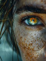 Macro shot of multicolored eye with freckles and glitter makeup. Dark hair strands frame intense gaze with yellow and turquoise iris showing detailed texture.