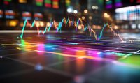 Financial market data visualization with colorful glowing charts and graphs reflecting on glossy surface against blurred city lights background.