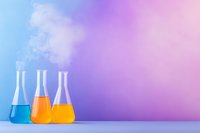 Laboratory glassware with colorful liquid chemicals on gradient blue and purple background, scientific research concept for chemistry experiments.