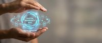 Hands protecting holographic digital warranty seal with security icons and data protection elements for technology and cybersecurity concepts.