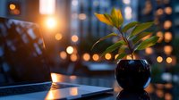 Young plant growing in black pot on laptop with evening bokeh lights background creates peaceful home office atmosphere for remote work and wellness concept.