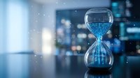 Digital hourglass with flowing binary code sand representing time management, data processing, and technology concepts in modern business environment.