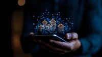 Glowing digital houses float above smartphone with sparkles and light particles in dark blue atmosphere, representing smart home technology and connectivity.