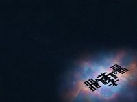 Silhouette of international space station orbiting against colorful nebula and starfield, representing space exploration and astronomy for educational and scientific use.