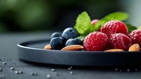 Fresh raspberries and blueberries with almonds on dark plate, selective focus with blurred background. Healthy organic food concept with mint leaves.
