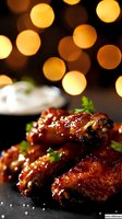Glazed chicken wings with sticky honey-barbecue sauce garnished with fresh herbs, served on dark surface against warm bokeh lights background for restaurant menu.