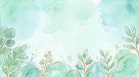 Watercolor botanical border with soft green leaves and delicate branches on light mint background, suitable for wedding invitations, greeting cards, and design projects.