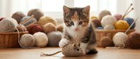 Young tabby and white kitten playing with knitted yarn ball surrounded by colorful wool skeins in basket, perfect for pet, craft and hobby content.