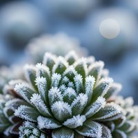 Frost-covered succulent plant with white ice crystals on green leaves creating winter garden texture for seasonal botanical backgrounds.
