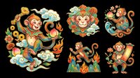 Playful monkey characters with ornamental flourishes, isolated on transparent background, ready for t-shirt design, stickers, clipart, sublimation, and print-on-demand products.