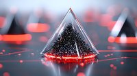Glowing triangle prism with black particles inside on reflective surface with red neon lights, modern abstract geometric composition for technology concept.