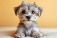 Adorable Yorkshire terrier puppy with fluffy fur lying down on light surface against warm yellow background, looking directly at camera with sweet expression.