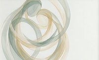 Abstract flowing ribbons in soft green and beige tones creating elegant swirling motion on light background for modern design projects.
