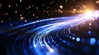 Glowing blue digital wave with light particles and bokeh effects on dark background creates futuristic technology visualization for business presentations.