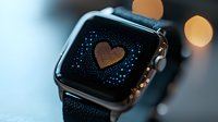 Modern smartwatch displaying glowing heart animation on dark screen with bokeh lights in background, romantic technology concept for health tracking and wellness.