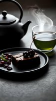 Steaming green tea served with chocolate brownie and fresh cherries on dark plate. Black teapot and moody lighting create atmospheric food photography setting.
