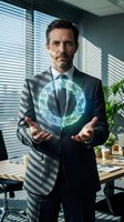 Professional businessman presenting holographic recycling symbol in modern office environment showcasing sustainable business practices and eco-friendly solutions.