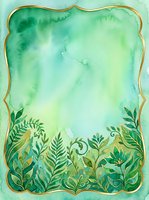 Watercolor botanical frame with lush green foliage and gold ornamental border on soft turquoise background. Isolated design element suitable for invitations, greeting cards, and decorative projects.