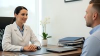 Professional female doctor in white coat consulting with male patient in modern medical office during healthcare appointment.