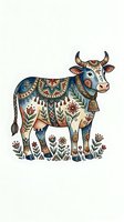 Ornately decorated cow with intricate floral and geometric patterns in folk art style, isolated on white background for design, textiles, and decorative projects.