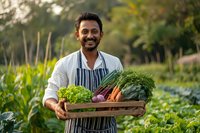 Smiling male farmer in striped apron holding wooden crate of freshly harvested organic vegetables in lush green garden setting, representing sustainable agriculture.