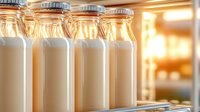 Fresh milk bottles in row with metal caps illuminated by warm sunlight through window, dairy farm fresh concept with glass containers on wooden shelf.