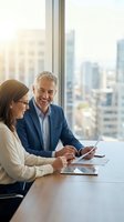 Two business professionals reviewing digital tablet together at high-rise office window with city skyline view. Corporate teamwork and collaboration concept for business solutions.