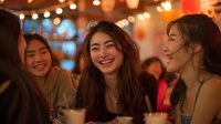 Young Asian women friends laughing together at night party with bokeh lights background, sharing joyful moment during social gathering celebration.