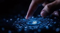 Futuristic digital currency symbol glowing in dark space with finger touching holographic interface, circular pattern with bokeh light effects.
