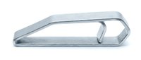 Sleek silver metal tie clip isolated on white background, minimalist accessory for formal wear, polished stainless steel clasp for professional styling.