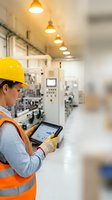 Female technician wearing yellow hard hat and orange safety vest using digital tablet in industrial factory facility with machinery and overhead lighting.