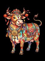 Festive ox decorated with lanterns, coins, and floral patterns, isolated on transparent background. Great for lunar new year clipart, stickers, t-shirt design, and print on demand.