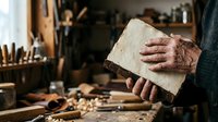 Senior male craftsman with weathered hands holding raw wood block in workshop studio surrounded by carving tools and wood shavings, demonstrating traditional woodworking craft.