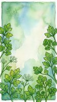 Watercolor herb garden frame with parsley and dill botanical illustrations on cream background, ideal for culinary, organic, and natural design projects.
