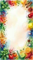 Watercolor frame featuring fresh produce, herbs, and spices arranged on white background. Colorful border includes tomatoes, berries, citrus, peppers, basil, cinnamon sticks, and garlic. Ideal for recipe cards, menus, cooking blogs, and food-related designs.