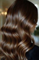 Luxurious brown wavy hair with subtle highlights shown from behind, demonstrating professional hairstyling technique and healthy shine. For beauty and salon advertising.