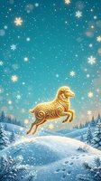 Golden leaping ram with ornate swirling fleece against turquoise winter landscape with snowflakes, stars, and snow-covered evergreen trees. Festive holiday artwork.