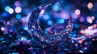 Magical crescent moon decoration with sparkly crystal texture against dreamy purple and blue bokeh background creates mystical atmosphere.