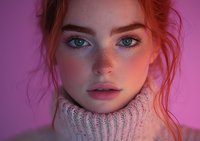 Close up portrait of young redhead woman with blue eyes and freckles wearing knit turtleneck sweater against pink background, soft dreamy lighting creates romantic mood.
