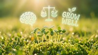 Young seedlings sprouting in moss with wellness icons including brain, balance scales, and grow well text overlay on blurred green background, representing mental health, personal growth, and holistic wellbeing.