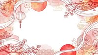 Asian cultural frame with traditional lanterns, cherry blossoms, and decorative elements in coral pink tones creating elegant border design for festive occasions.