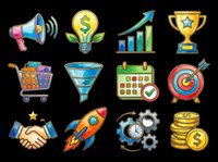 Megaphone with dollar sign lightbulb, growth chart, trophy, shopping cart, funnel, calendar, target, handshake, rocket, gears, and coins isolated on transparent background. Ready for t-shirt designs, clipart, stickers, print-on-demand products, and sublimation projects.