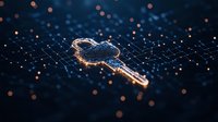 Digital key glowing on dark blue technology grid with bokeh light effects and network connections, representing cybersecurity and digital access solutions.
