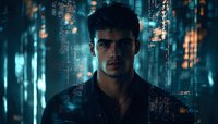 Young male model in dark atmospheric night city setting with neon blue lighting and bokeh effects, dramatic cinematic portrait showing intense expression.