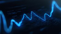 Glowing blue digital wave pattern on dark background shows dynamic financial market data visualization with particle effects and light trails.