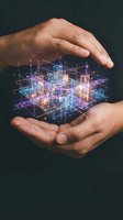 Hands holding glowing digital hologram with interconnected network structure, representing technology innovation, data management, and future business solutions.
